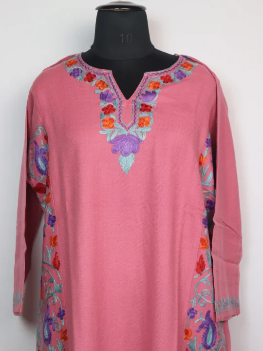 Kashmiri Pheran In Pink Cashmilon Wool With Side Panel Aari Embroidery | Madiha - Image 2