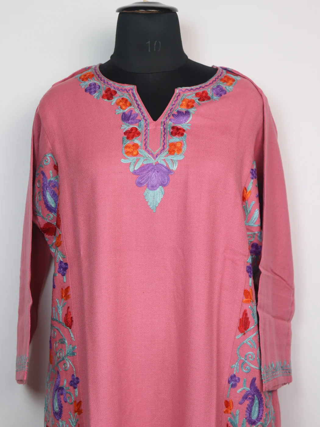 Kashmiri Pheran In Pink Cashmilon Wool With Side Panel Aari Embroidery | Madiha - Image 2