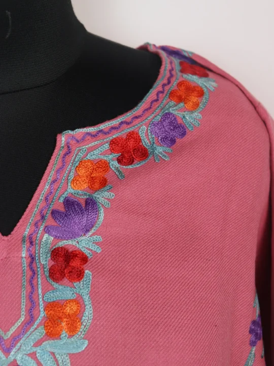 Kashmiri Pheran In Pink Cashmilon Wool With Side Panel Aari Embroidery | Madiha - Image 3