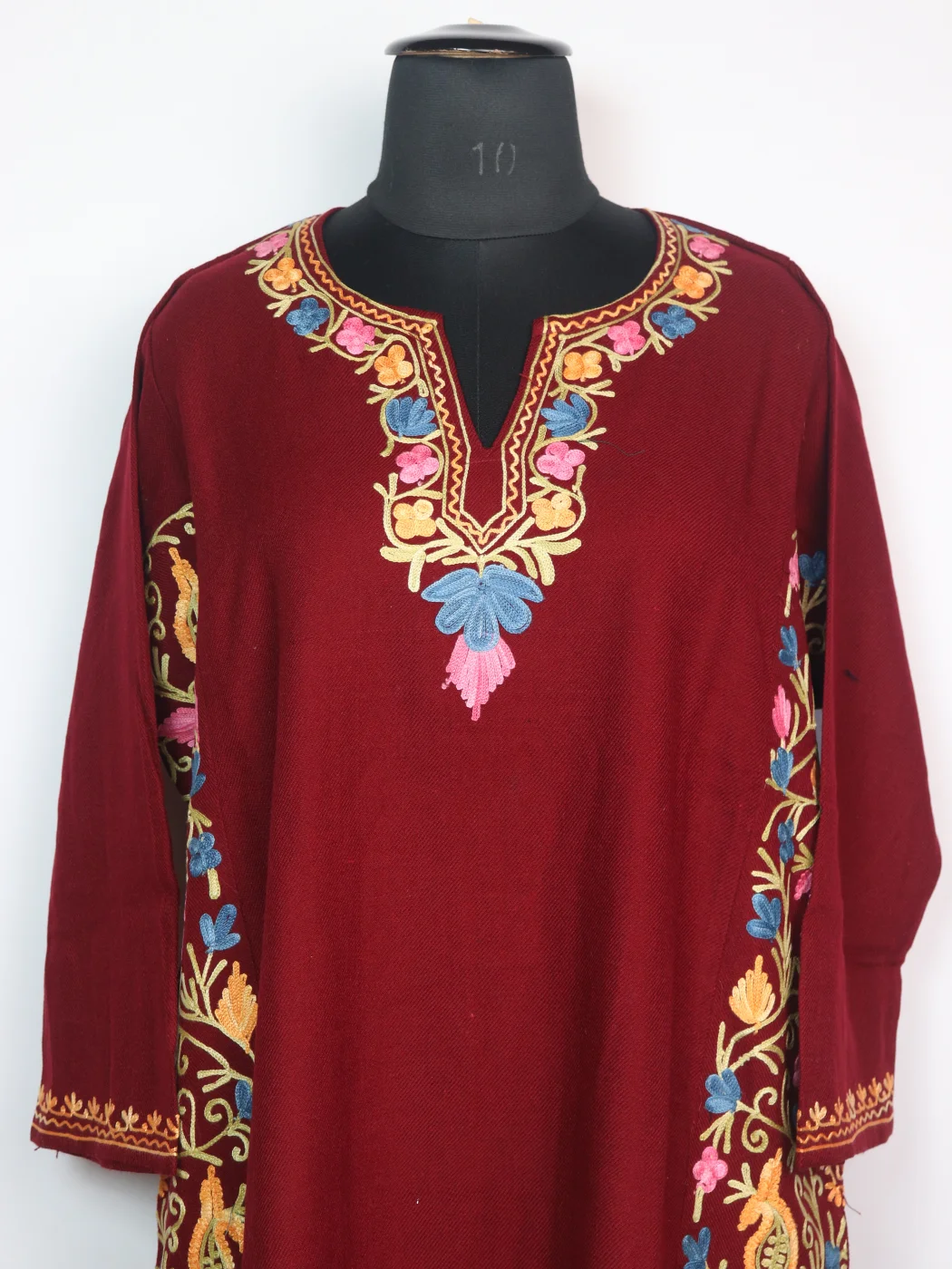 Madiha Kashmiri Pheran In Cashmilon Wool With Aari Embroidery And Side Panel Work | Maroon - Image 2