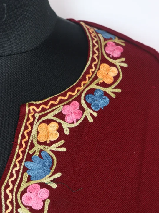 Madiha Kashmiri Pheran In Cashmilon Wool With Aari Embroidery And Side Panel Work | Maroon - Image 3