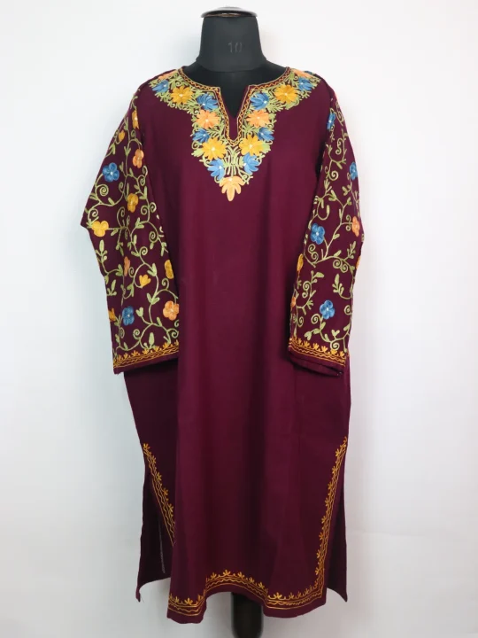 Maroon Kashmiri Pheran In Cashmilon wool With Aari Work And Jaal Work | Madiha