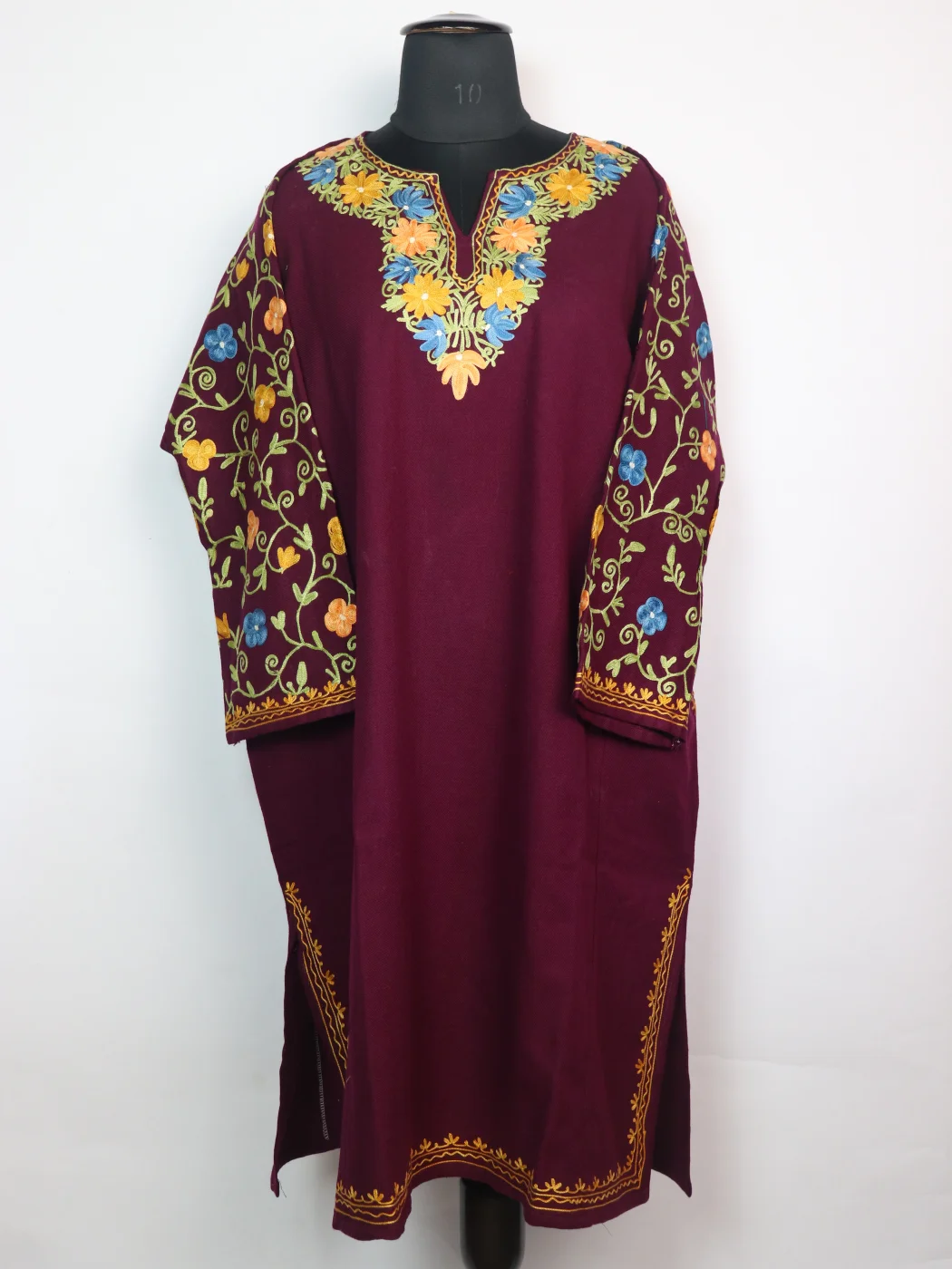 Maroon Kashmiri Pheran In Cashmilon wool With Aari Work And Jaal Work | Madiha