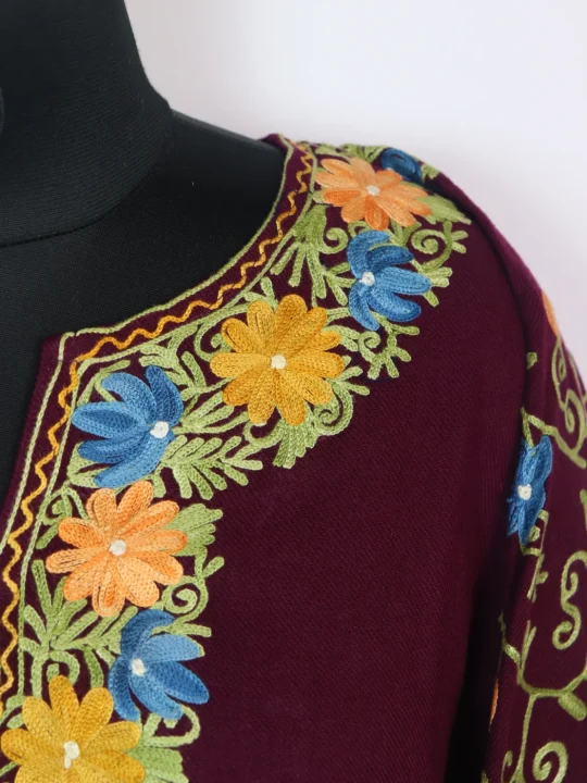 Maroon Kashmiri Pheran In Cashmilon wool With Aari Work And Jaal Work | Madiha - Image 2