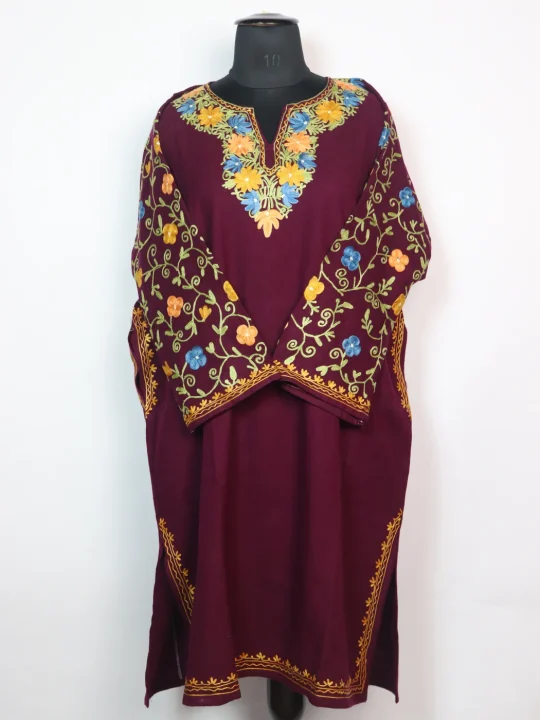Maroon Kashmiri Pheran In Cashmilon wool With Aari Work And Jaal Work | Madiha - Image 3