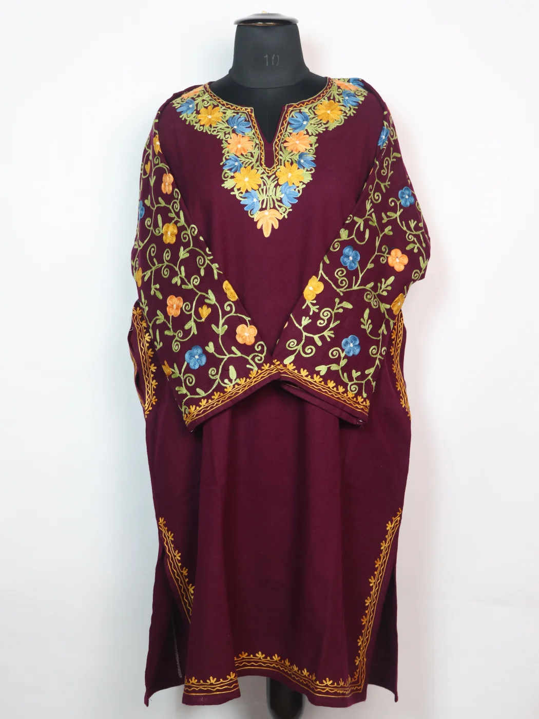 Maroon Kashmiri Pheran In Cashmilon wool With Aari Work And Jaal Work | Madiha - Image 3