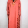 Kashmiri Pheran In Coral Pink  Cashmilon Wool With Aari Work And Side Panel Work | Madiha