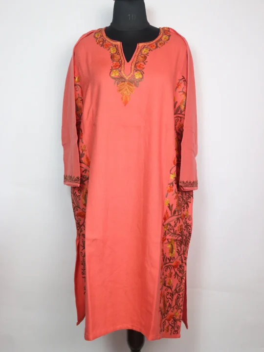 Kashmiri Pheran In Coral Pink  Cashmilon Wool With Aari Work And Side Panel Work | Madiha
