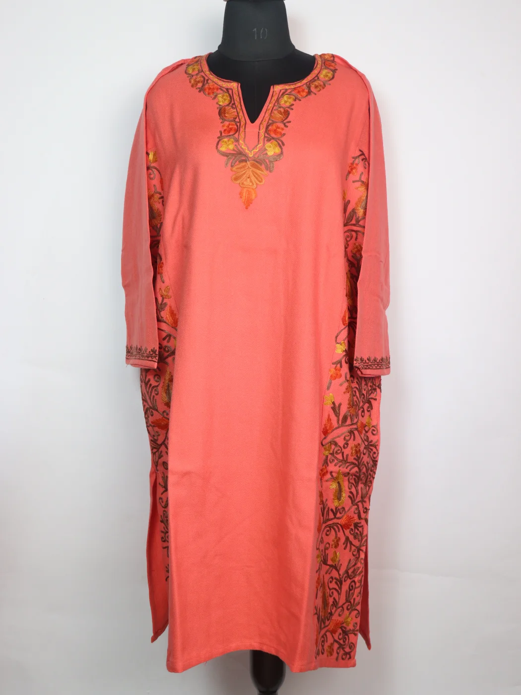 Kashmiri Pheran In Coral Pink Cashmilon Wool With Aari Work And Side Panel Work | Madiha