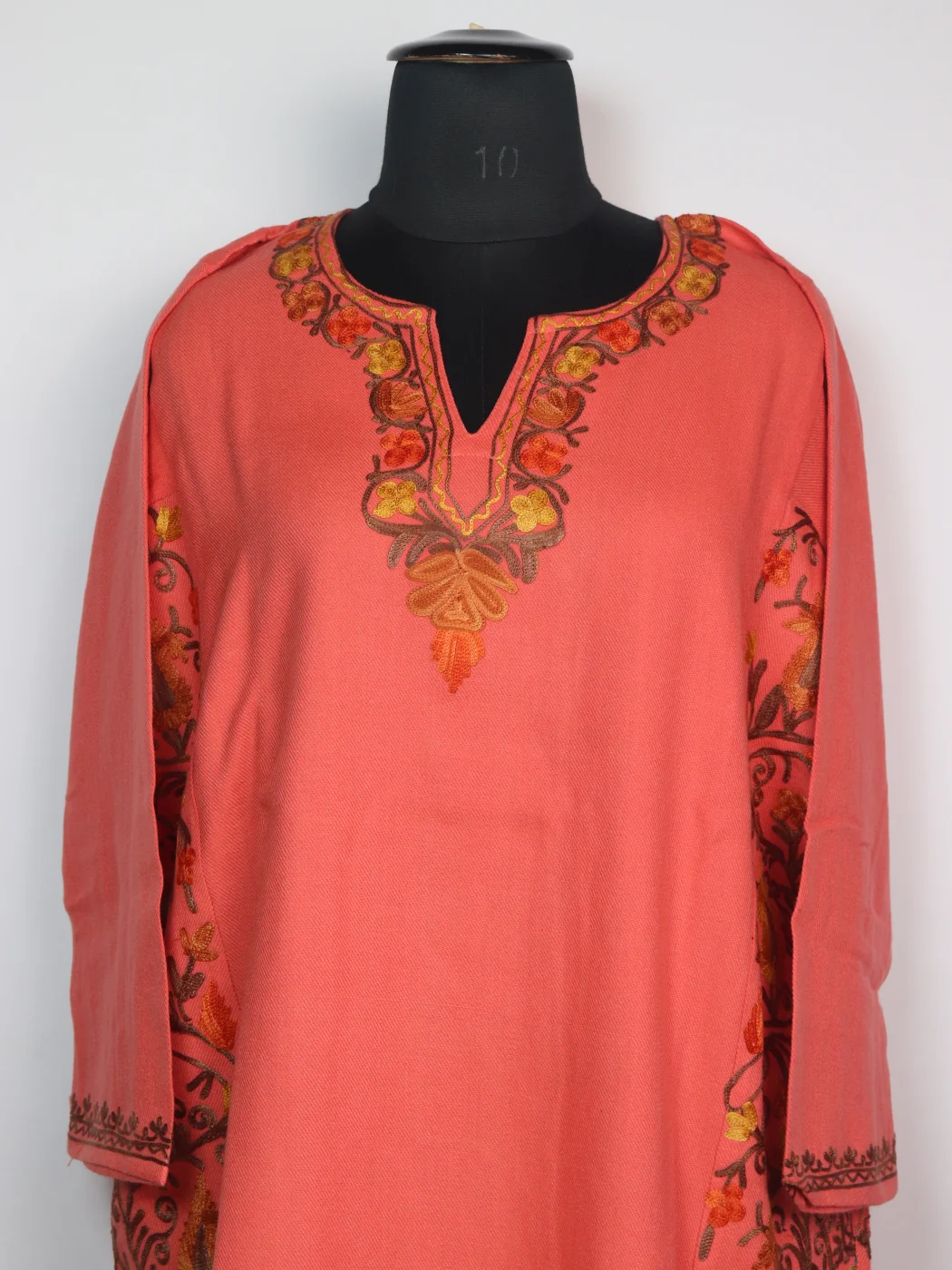 Kashmiri Pheran In Coral Pink Cashmilon Wool With Aari Work And Side Panel Work | Madiha - Image 2