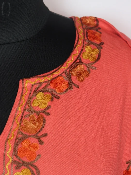 Kashmiri Pheran In Coral Pink Cashmilon Wool With Aari Work And Side Panel Work | Madiha - Image 3