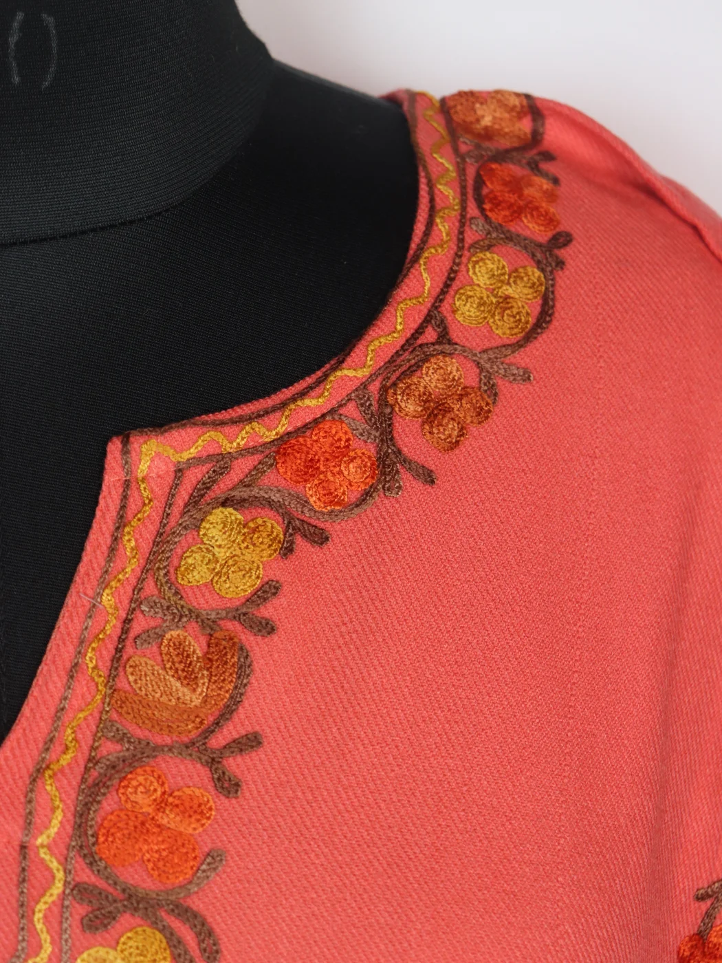 Kashmiri Pheran In Coral Pink Cashmilon Wool With Aari Work And Side Panel Work | Madiha - Image 3