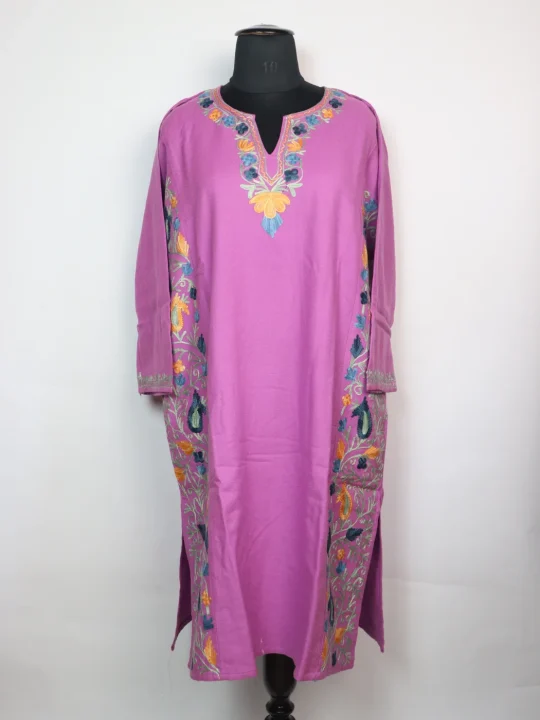 Purple Kashmiri Pheran In Cashmilon wool With Aari Work And Side Work | Madiha