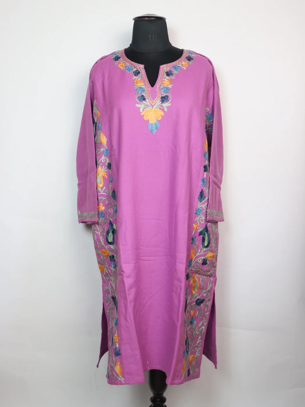 Purple Kashmiri Pheran In Cashmilon wool With Aari Work And Side Work | Madiha