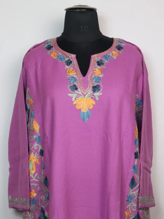 Purple Kashmiri Pheran In Cashmilon wool With Aari Work And Side Work | Madiha - Image 2