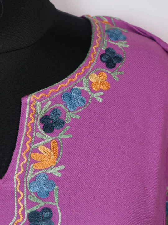 Purple Kashmiri Pheran In Cashmilon wool With Aari Work And Side Work | Madiha - Image 3