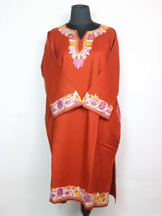 Rust Kashmiri Pheran In Cashmilon wool With Aari Work And Sleeve Point Work | Madiha