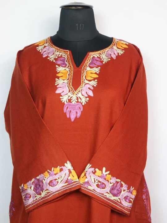 Rust Kashmiri Pheran In Cashmilon wool With Aari Work And Sleeve Point Work | Madiha - Image 2