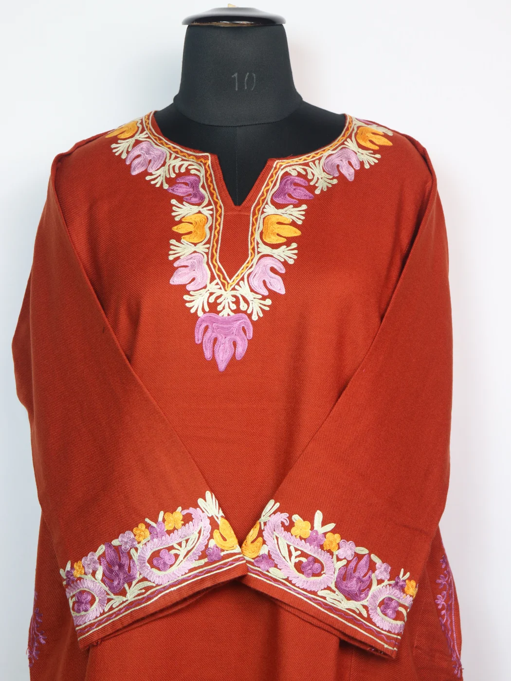 Rust Kashmiri Pheran In Cashmilon wool With Aari Work And Sleeve Point Work | Madiha - Image 2