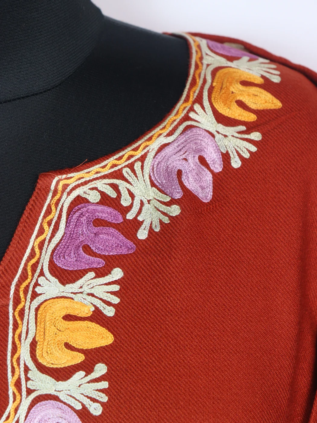 Rust Kashmiri Pheran In Cashmilon wool With Aari Work And Sleeve Point Work | Madiha - Image 3