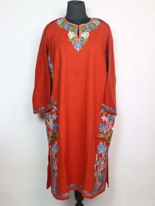 Madiha Kashmiri Pheran In Cashmilon wool With Aari Work And Side Panel Work | Orange