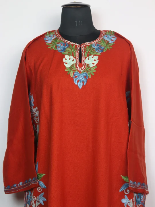 Madiha Kashmiri Pheran In Cashmilon wool With Aari Work And Side Panel Work | Orange - Image 2