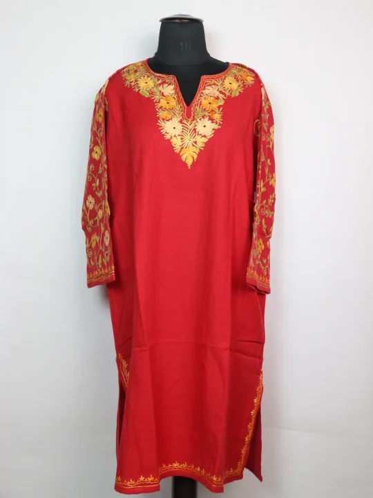 Madiha Kashmiri Pheran In Cashmilon wool With Aari Embroidery And Sleeve Jaal Work | Red