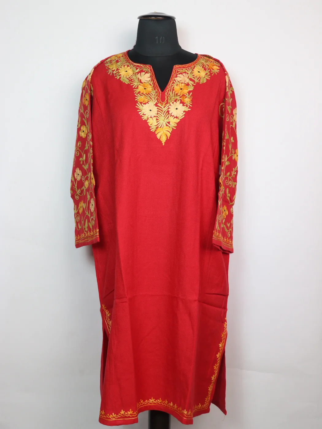Madiha Kashmiri Pheran In Cashmilon wool With Aari Embroidery And Sleeve Jaal Work | Red