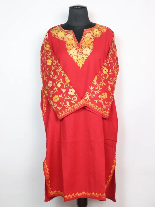 Madiha Kashmiri Pheran In Cashmilon wool With Aari Embroidery And Sleeve Jaal Work | Red - Image 2