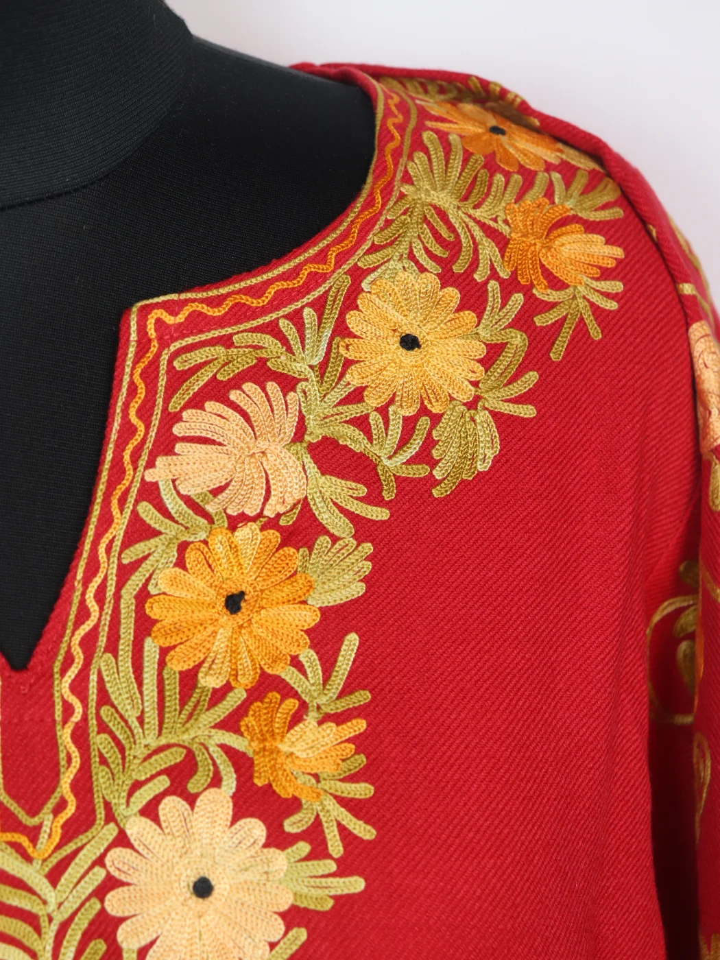 Madiha Kashmiri Pheran In Cashmilon wool With Aari Embroidery And Sleeve Jaal Work | Red - Image 3