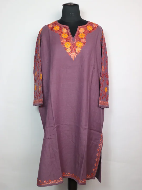Kashmiri Pheran In Purple Cashmilon wool With Aari Embroidery And Sleeve Jaal Work | Madiha