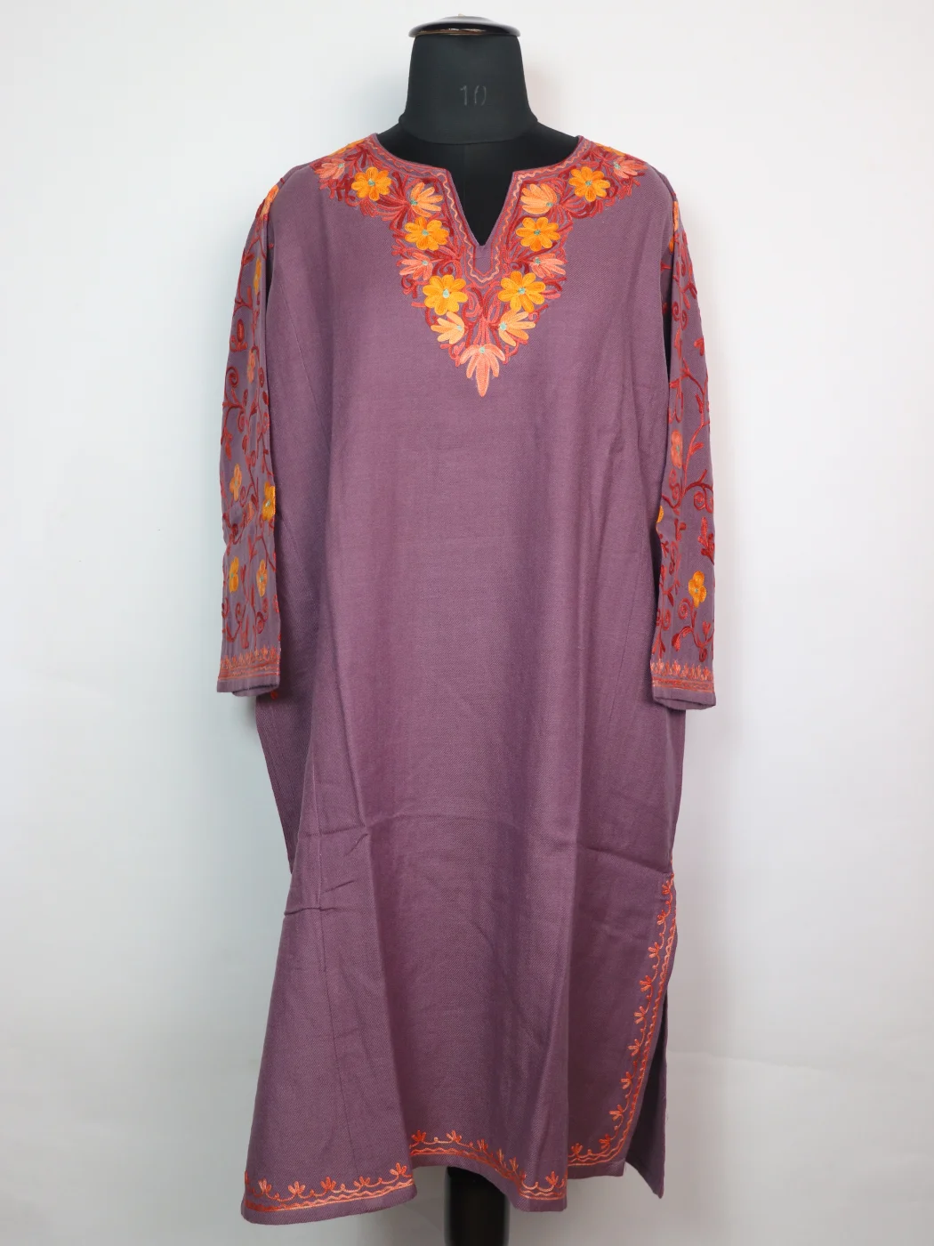 Kashmiri Pheran In Purple Cashmilon wool With Aari Embroidery And Sleeve Jaal Work | Madiha
