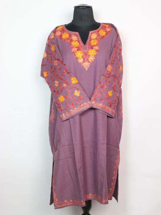 Kashmiri Pheran In Purple Cashmilon wool With Aari Embroidery And Sleeve Jaal Work | Madiha - Image 2