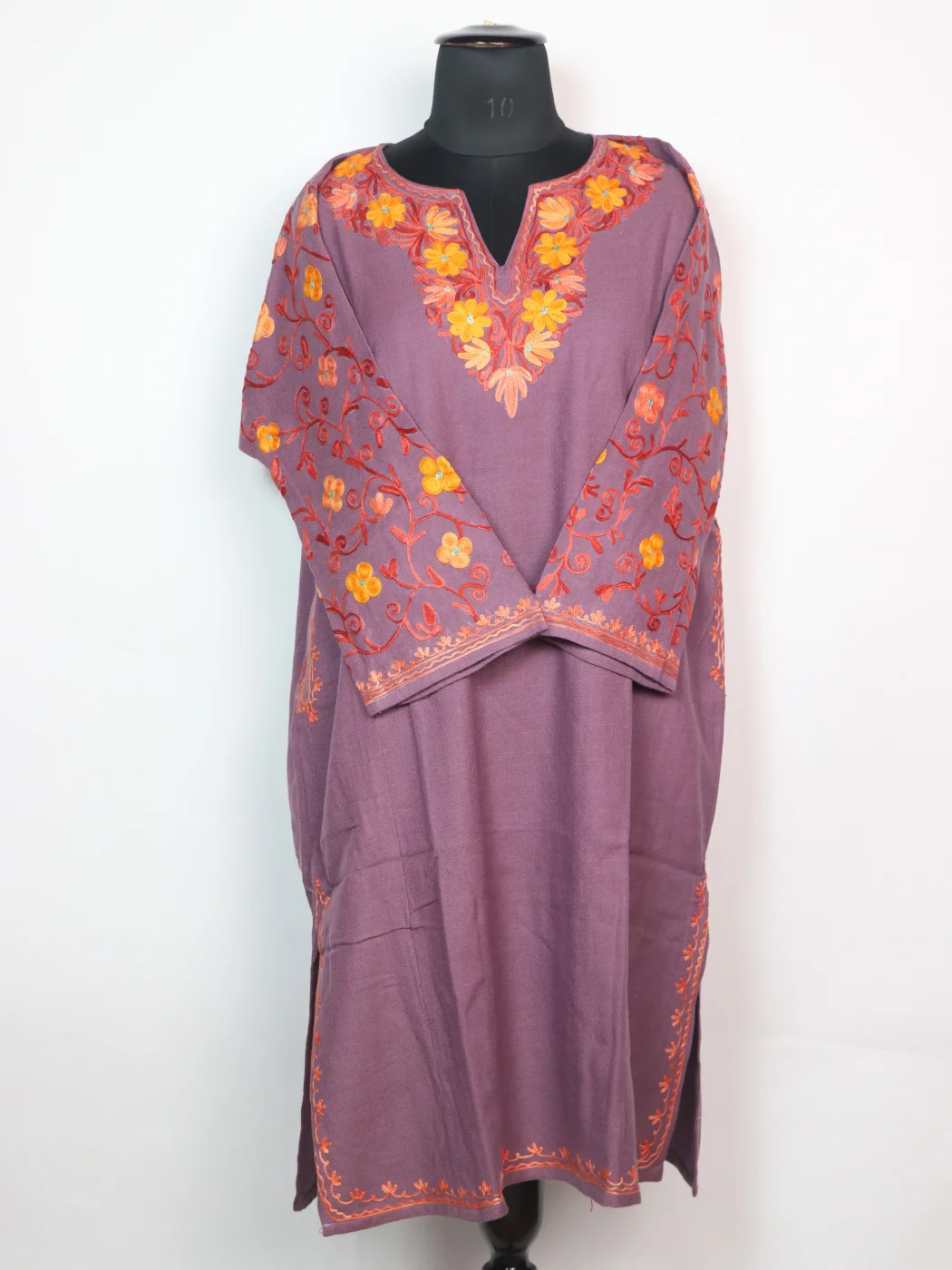 Kashmiri Pheran In Purple Cashmilon wool With Aari Embroidery And Sleeve Jaal Work | Madiha - Image 2