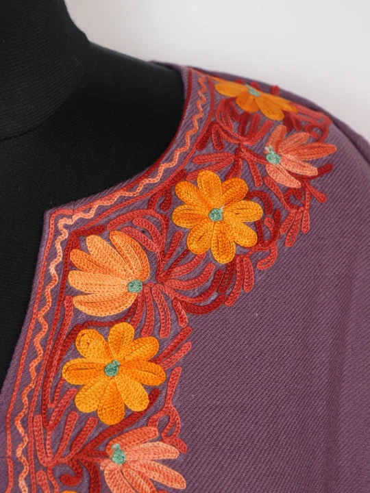 Kashmiri Pheran In Purple Cashmilon wool With Aari Embroidery And Sleeve Jaal Work | Madiha - Image 3