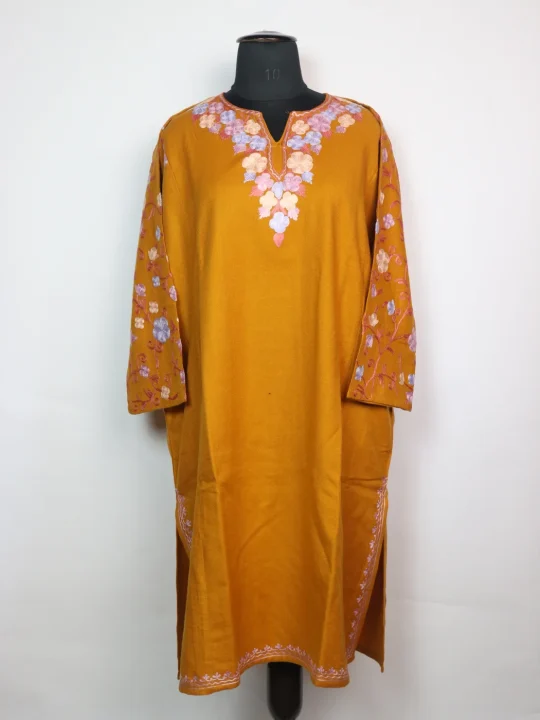 Madiha Kashmiri Pheran In Cashmilon Wool With Aari Work And Sleeve Jaal Work | Mustard Yellow