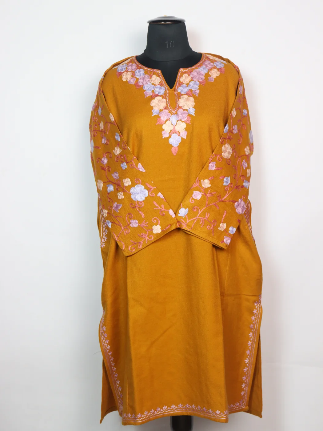Madiha Kashmiri Pheran In Cashmilon Wool With Aari Work And Sleeve Jaal Work | Mustard Yellow - Image 2