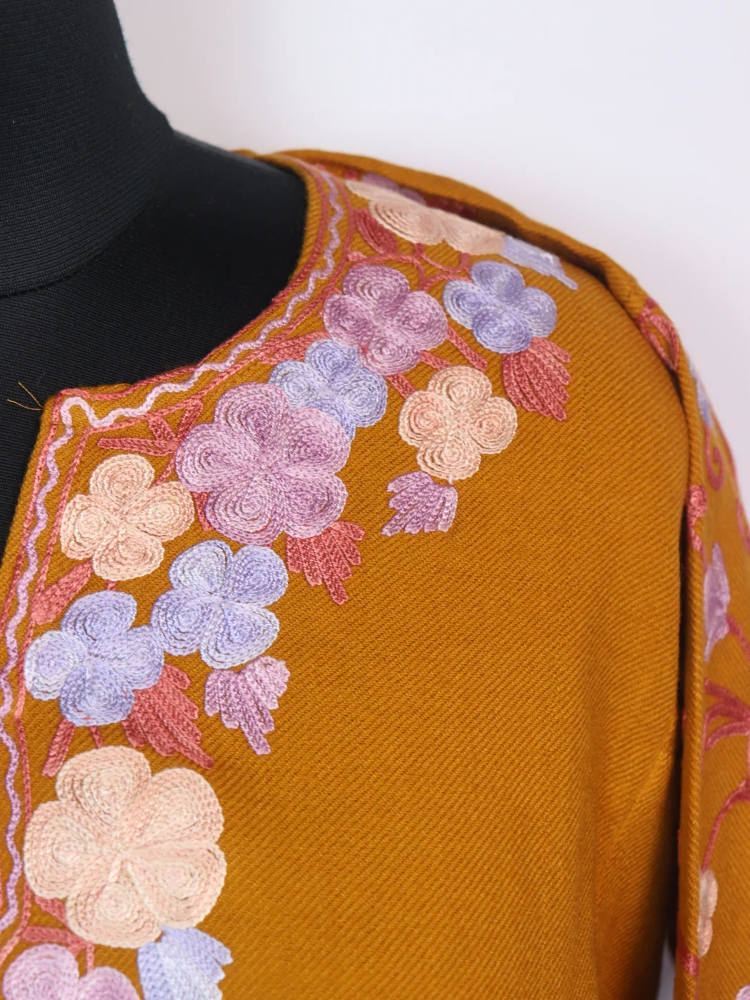Madiha Kashmiri Pheran In Cashmilon Wool With Aari Work And Sleeve Jaal Work | Mustard Yellow - Image 3
