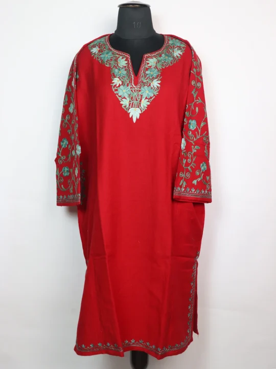 Kashmiri Pheran In Red Cashmilon Wool With Aari Embroidery And Sleeve Jaal Work | Madiha
