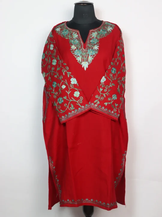 Kashmiri Pheran In Red Cashmilon Wool With Aari Embroidery And Sleeve Jaal Work | Madiha - Image 2