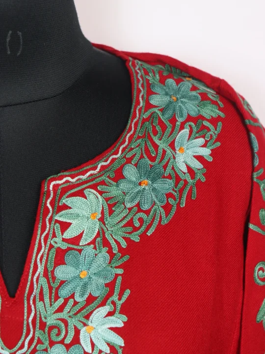 Kashmiri Pheran In Red Cashmilon Wool With Aari Embroidery And Sleeve Jaal Work | Madiha - Image 3