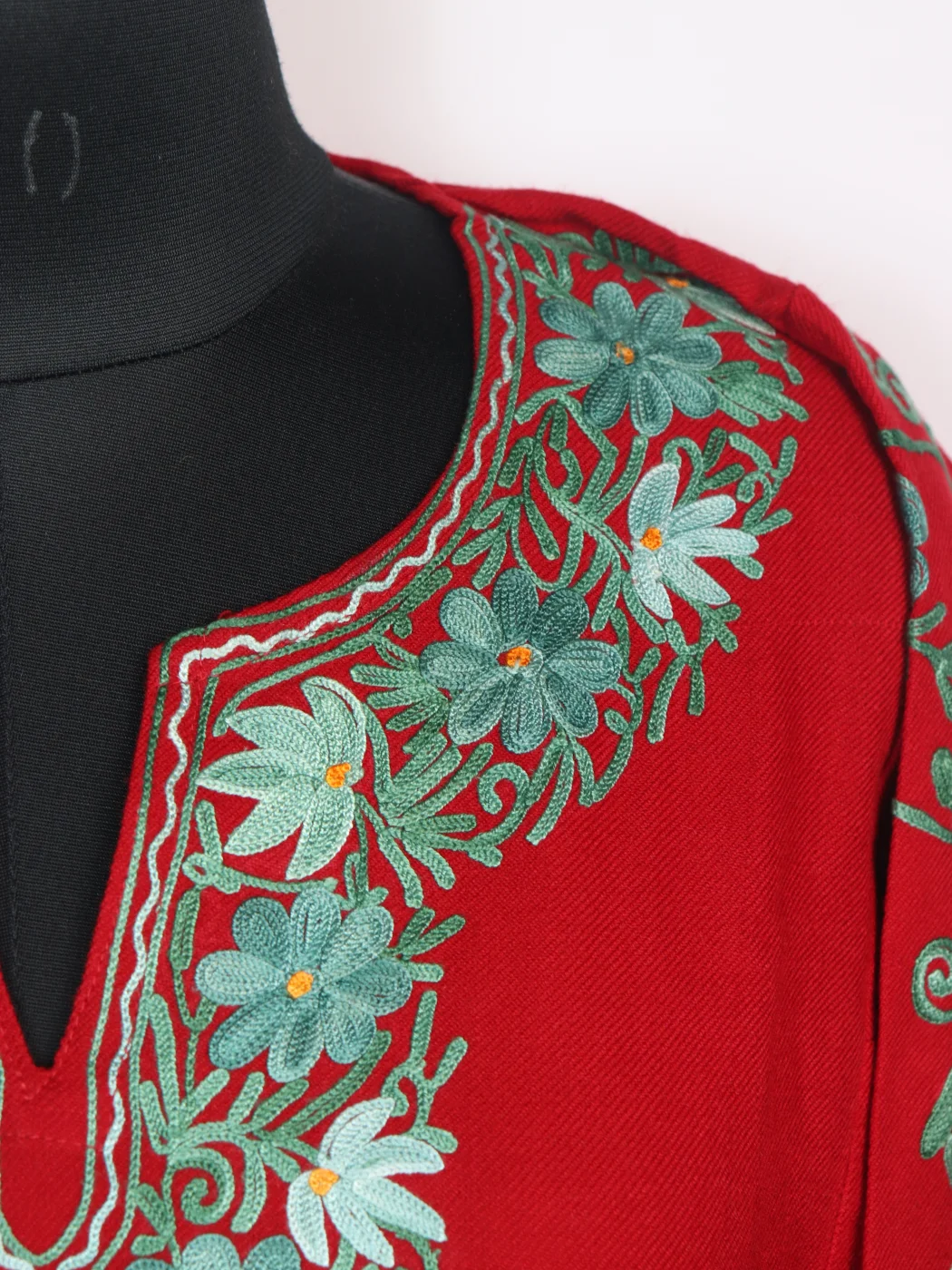 Kashmiri Pheran In Red Cashmilon Wool With Aari Embroidery And Sleeve Jaal Work | Madiha - Image 3