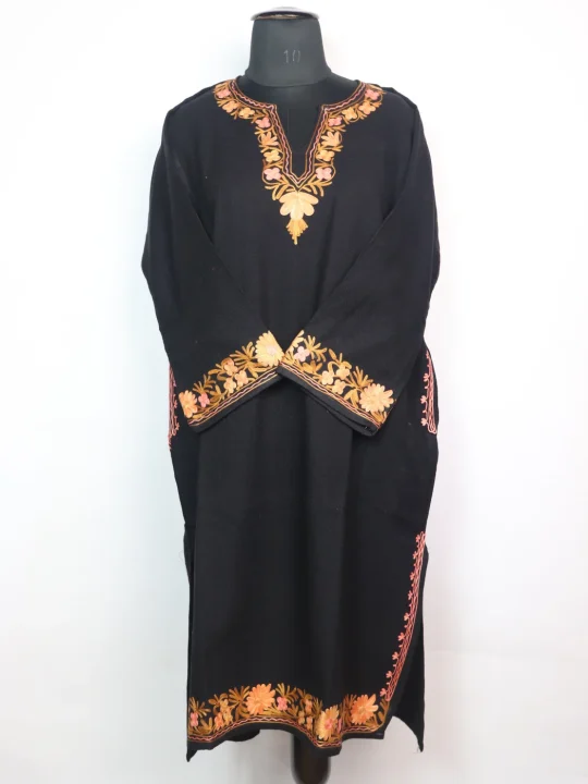 Black Kashmiri Pheran In Cashmilon Wool With Aari Embroidery And Sleeve Jaal Work | Madiha