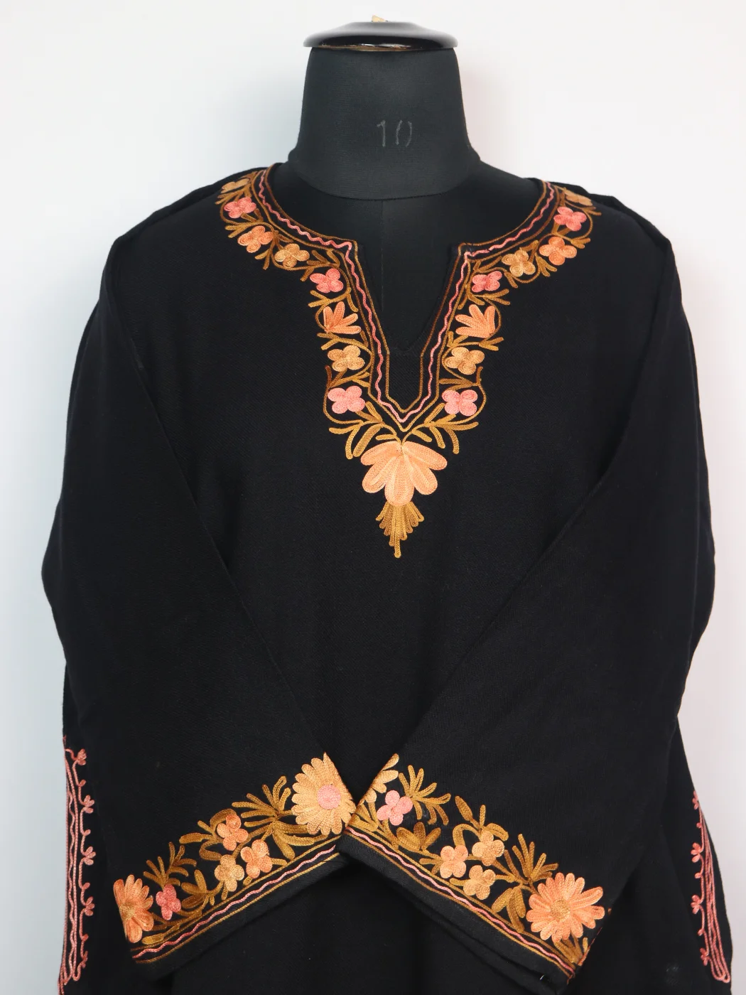 Black Kashmiri Pheran In Cashmilon Wool With Aari Embroidery And Sleeve Jaal Work | Madiha - Image 2