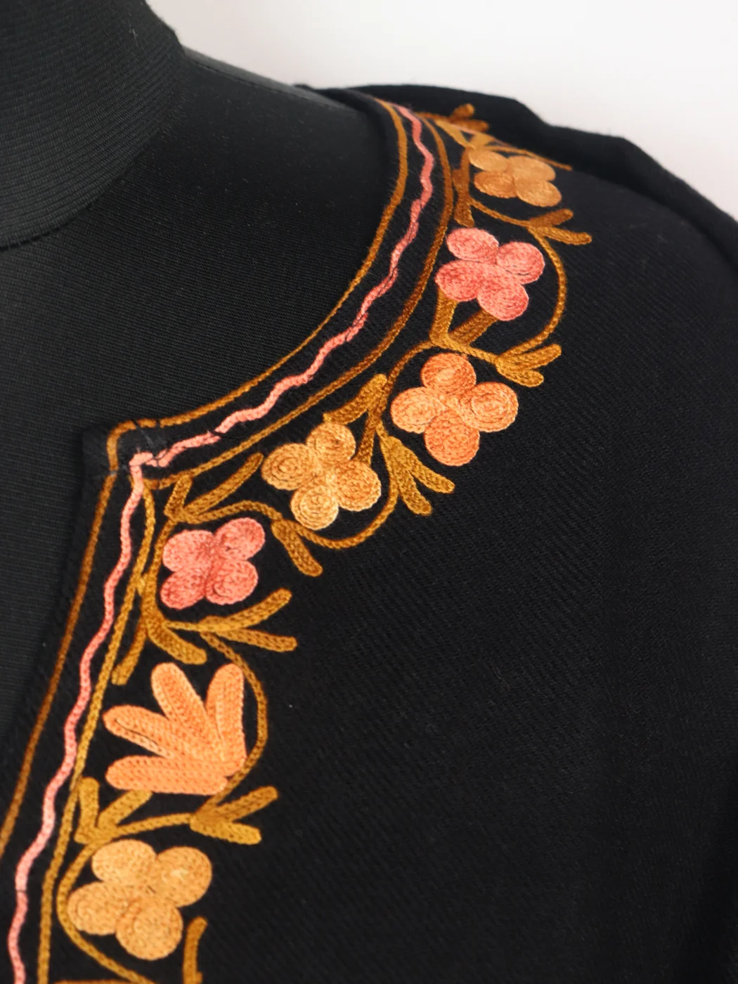 Black Kashmiri Pheran In Cashmilon Wool With Aari Embroidery And Sleeve Jaal Work | Madiha - Image 3