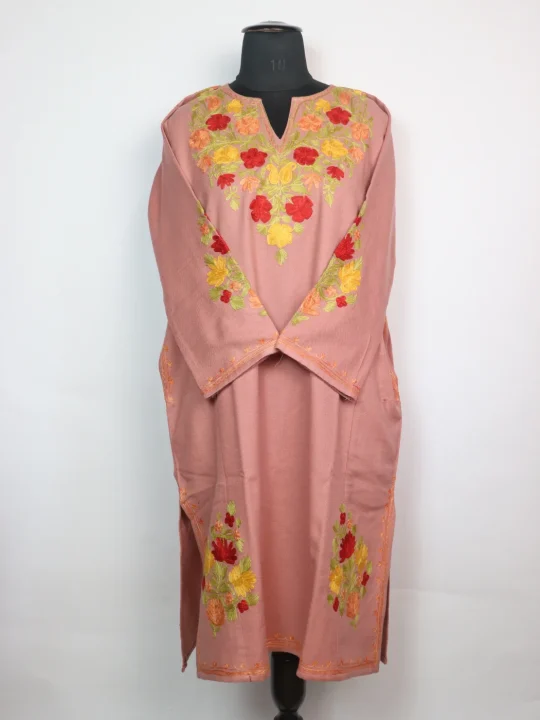 Madiha Kashmiri Pheran In Cashmilon Wool With Aari Work And Sleeve Point Work | Dusty Pink
