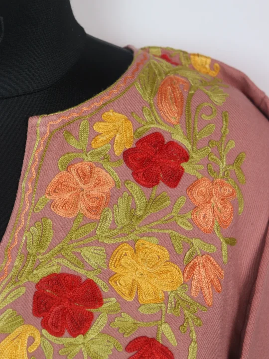 Madiha Kashmiri Pheran In Cashmilon Wool With Aari Work And Sleeve Point Work | Dusty Pink - Image 3