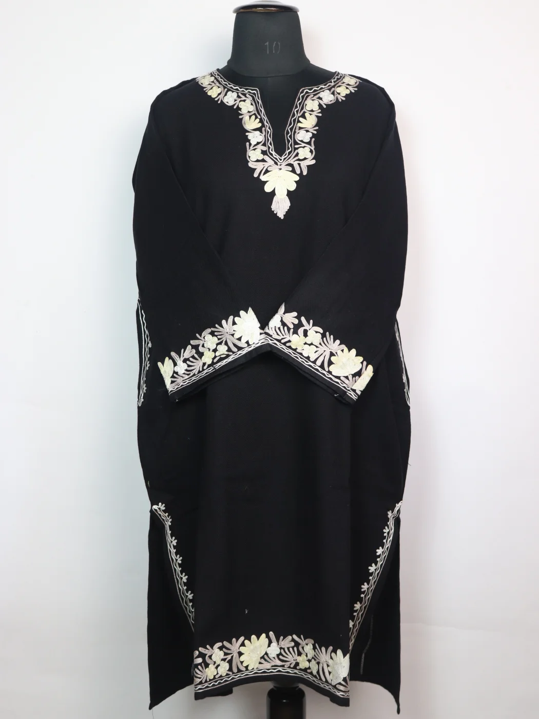 Black Kashmiri Pheran In Cashmilon wool With Aari Embroidery And Sleeve Point Work | Madiha
