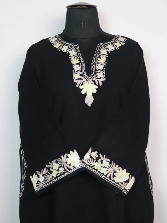 Black Kashmiri Pheran In Cashmilon wool With Aari Embroidery And Sleeve Point Work | Madiha - Image 2