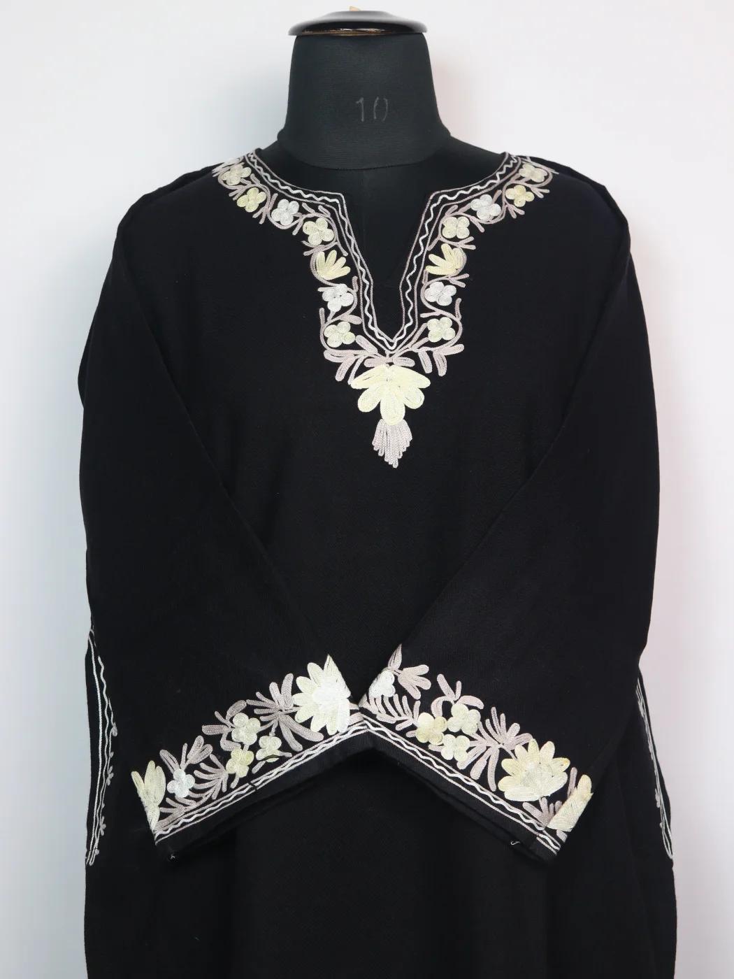 Black Kashmiri Pheran In Cashmilon wool With Aari Embroidery And Sleeve Point Work | Madiha - Image 2